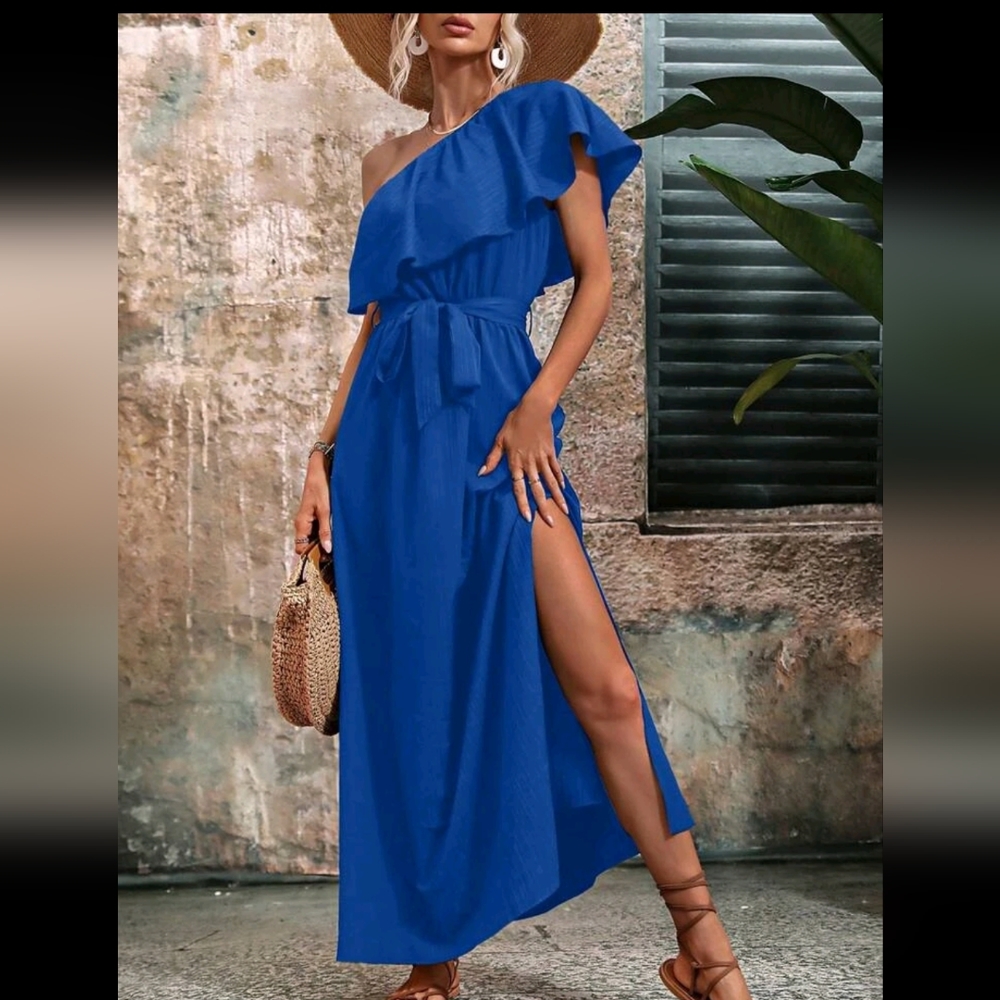 BN One Shoulder Ruffle Trim Split Thigh Belted Dress